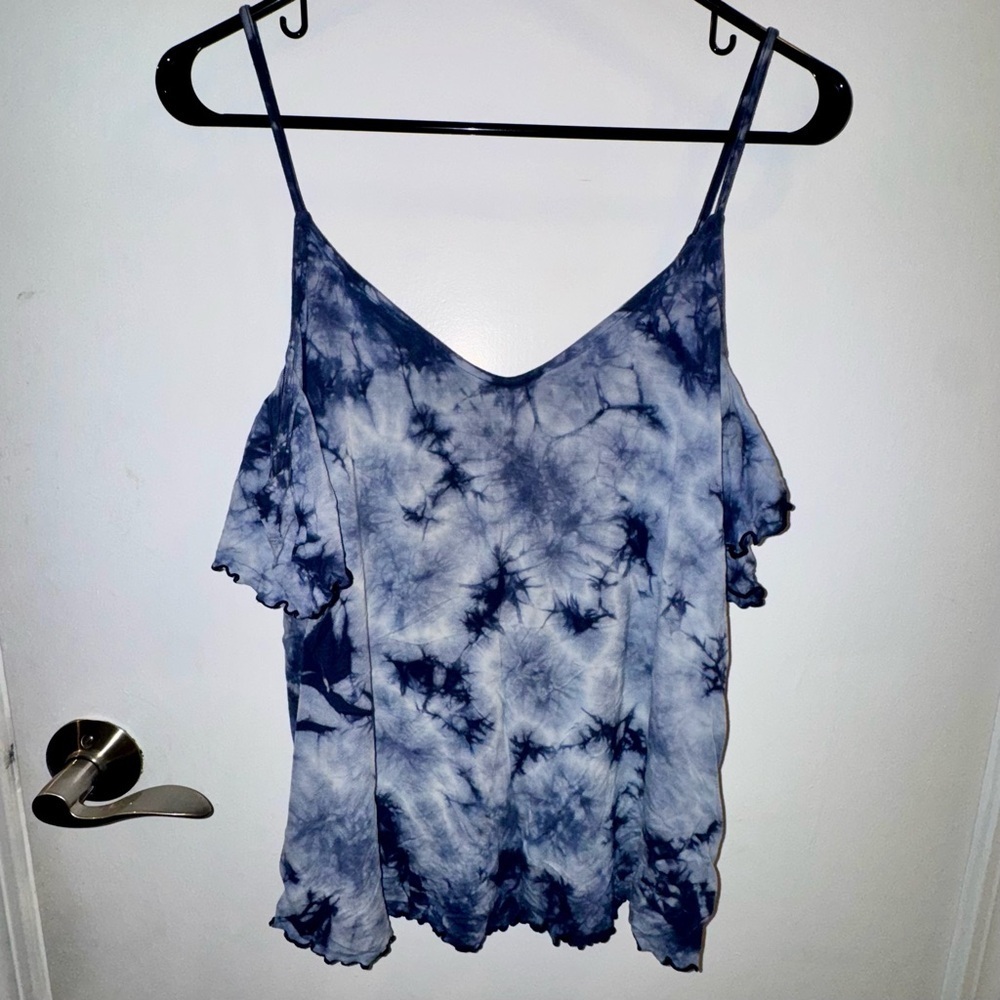 American Eagle Outfitters Navy Blue Tie-Dye Cold Shoulder Blouse - Picture 6 of 7